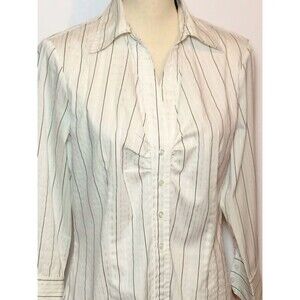 New York And Company Button Up White Pinstripe Sz L Top White Black Gray 3/4